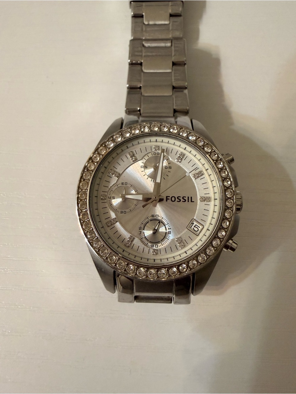 Fossil Silver Crystal-Trim Stainless Steel Chronograph Watch